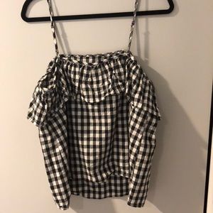 off the shoulder checkered top with straps